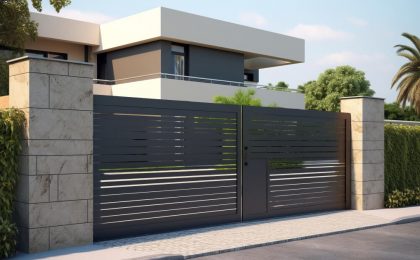 gray-private-house-two-floors-hidden-fence-with-automatic-sliding-brown-gates-area-near-house-against-blue-sky (1)