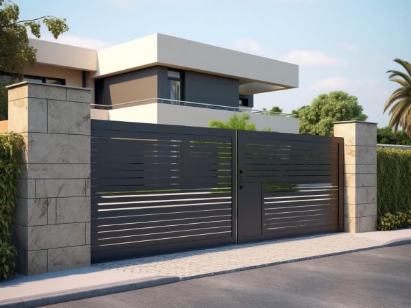 gray-private-house-two-floors-hidden-fence-with-automatic-sliding-brown-gates-area-near-house-against-blue-sky (1)